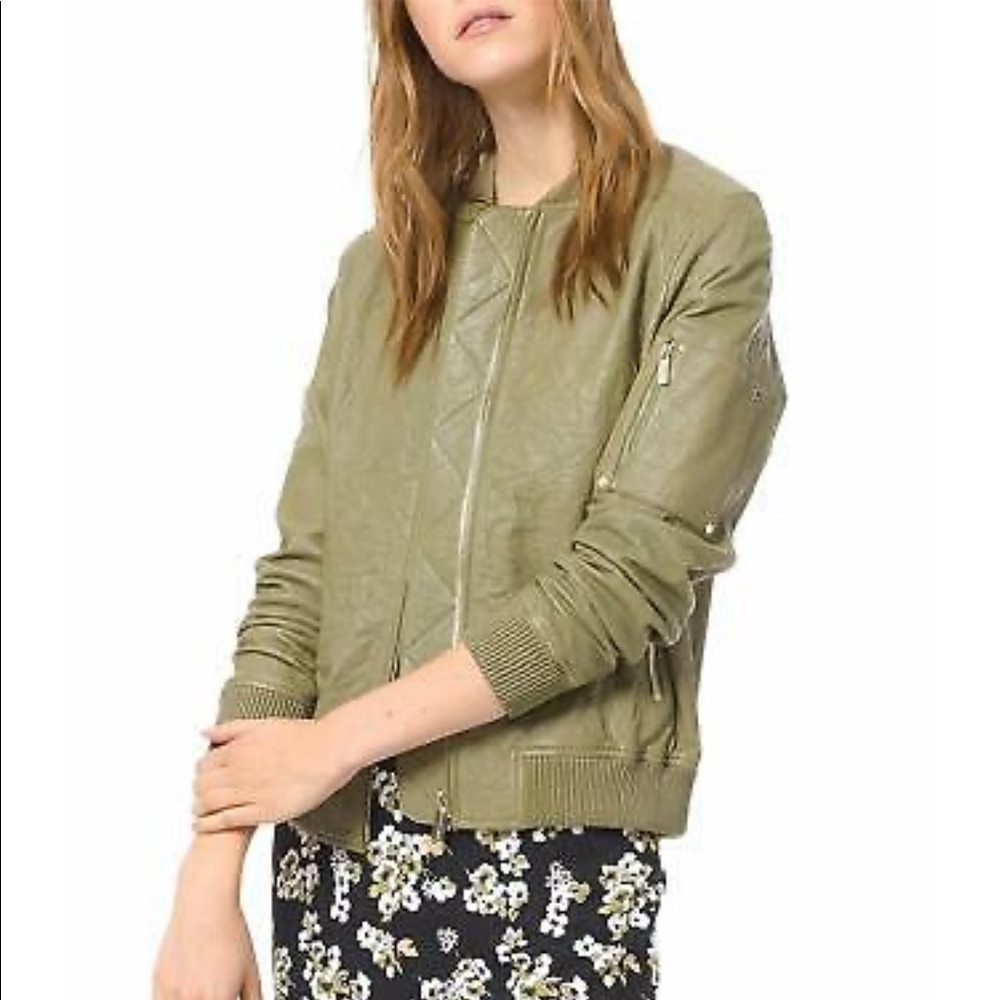 Michael Kors Olive Green Bomber Leather Jacket